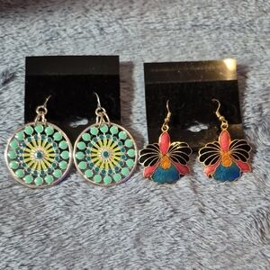 Colorful Peacock-Inspired Boho Style & Vintage Orchid Cloissone Dangle Earrings